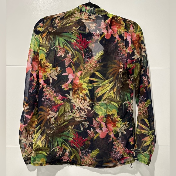 Beula Vibrant Tropical Floral Print on Silky Sheer Button Down - Picture 3 of 6